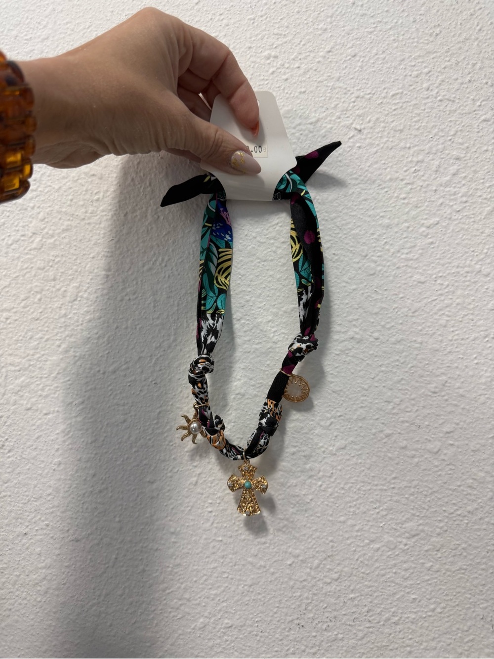 Gold Cross Charm Floral Fabric Necklace in Black and Teal